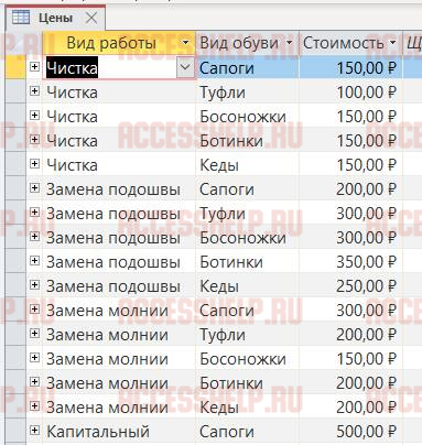 База данных Access Обувная мастерская
