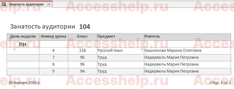 База данных Access Расписание занятий в школе