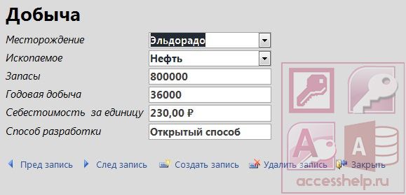 База данных Access Добыча полезных ископаемых