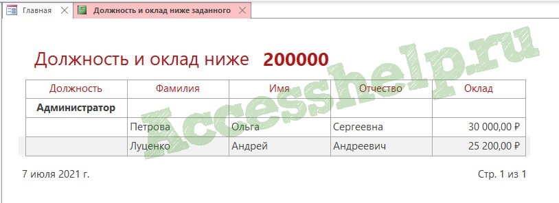 База данных Access Кадры